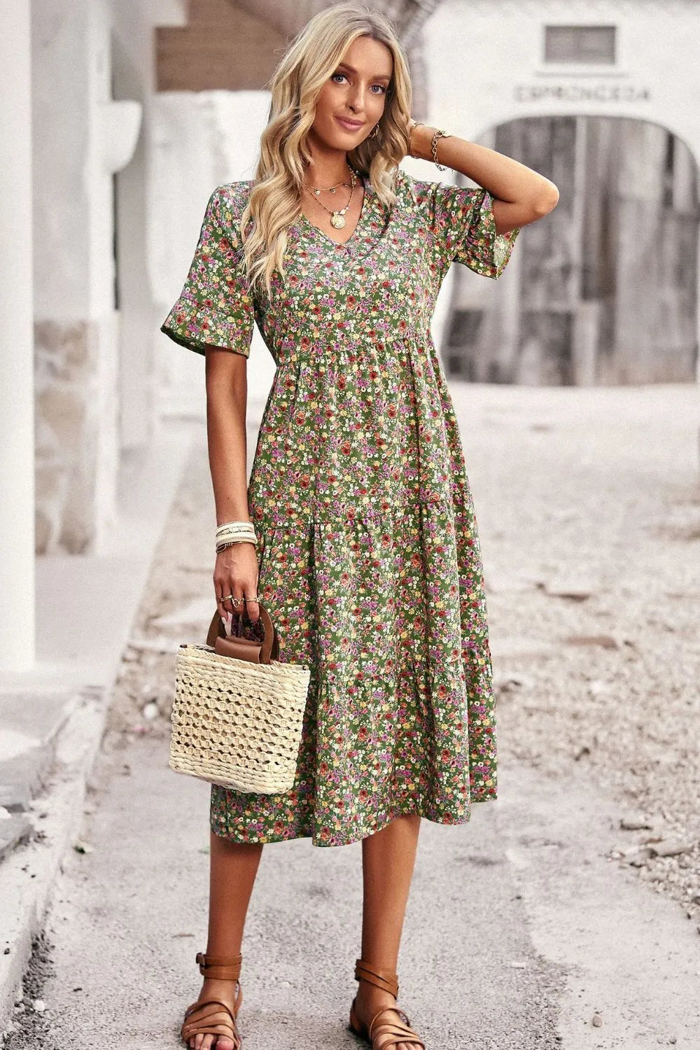 Floral V-Neck Flounce Sleeve Midi Dress Matcha Green Casual Dresses - Tophatter Daily Deals