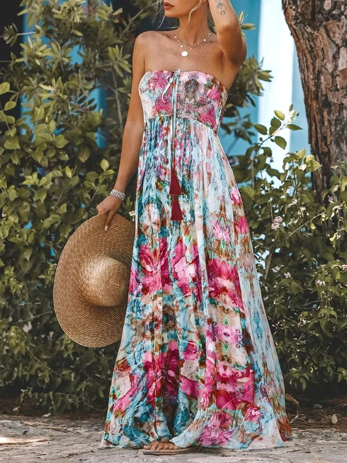 Smocked Printed Sleeveless Maxi Dress Sky Blue Casual Dresses - Tophatter Daily Deals