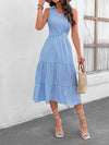 Striped Johnny Collar Sleeveless Midi Dress Misty Blue Casual Dresses - Tophatter Daily Deals