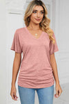 Ruched V-Neck Short Sleeve T-Shirt Light Mauve Women's T-Shirts - Tophatter Daily Deals