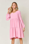 Double Take Full Size V-Neck Balloon Sleeve Tiered Dress Carnation Pink Casual Dresses - Tophatter Daily Deals