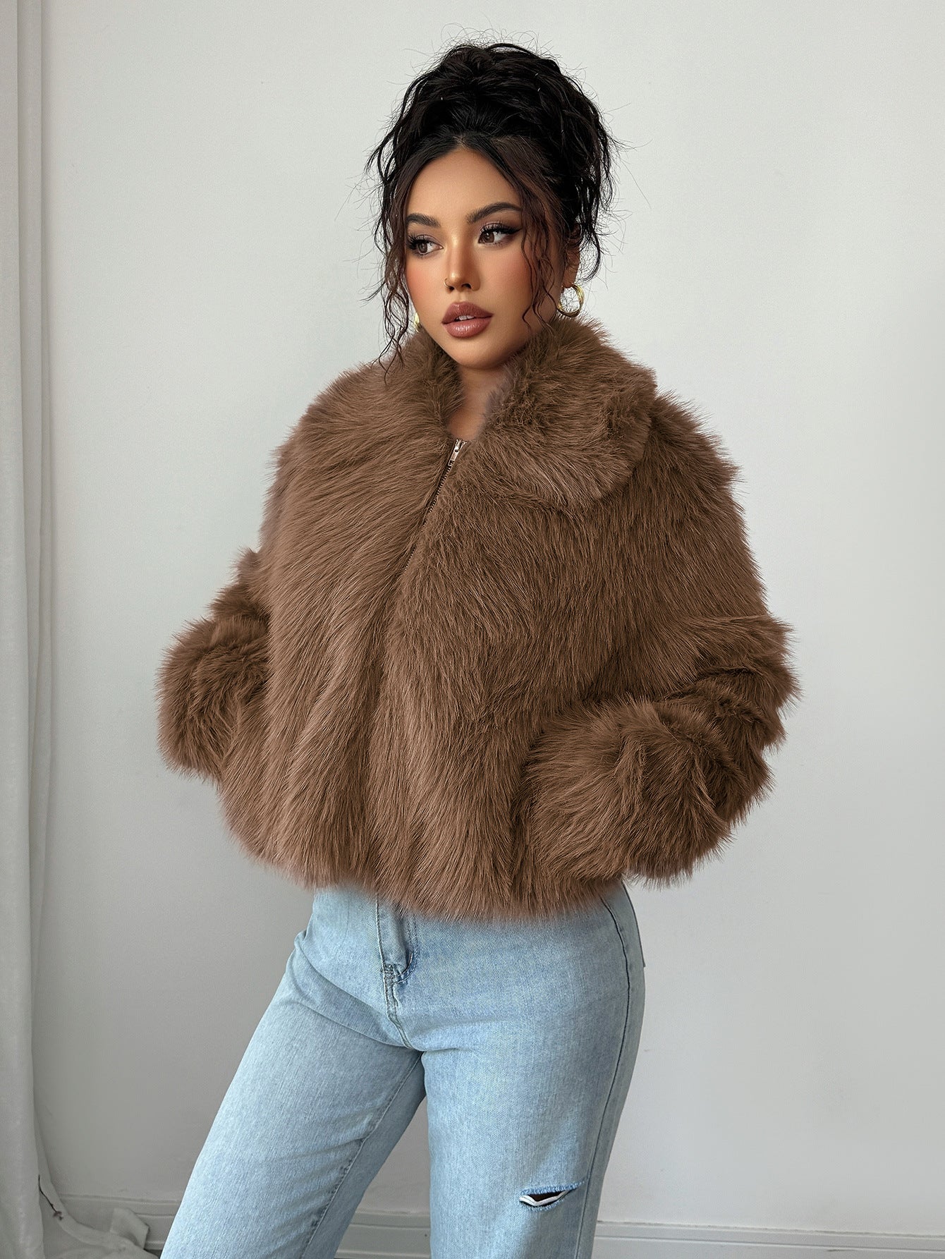 Warm Cozy Women’s Overcoat - Boxy Hip, Faux Fur, Winter Brown 3D Changing Face Moving Picture Frame - Tophatter Daily Deals