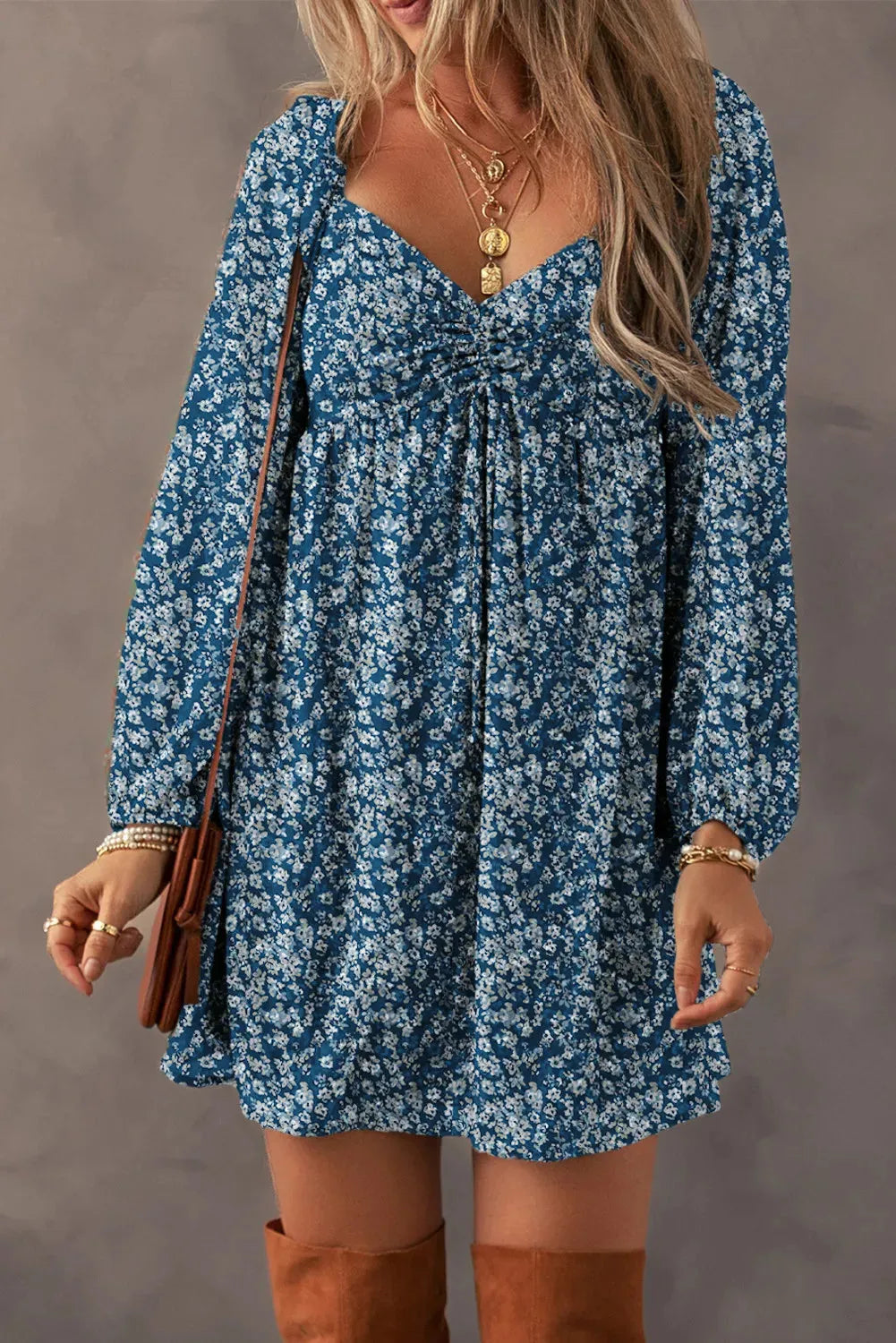 Ruched Printed Long Sleeve Mini Dress Peacock Blue Casual Dresses - Tophatter Daily Deals