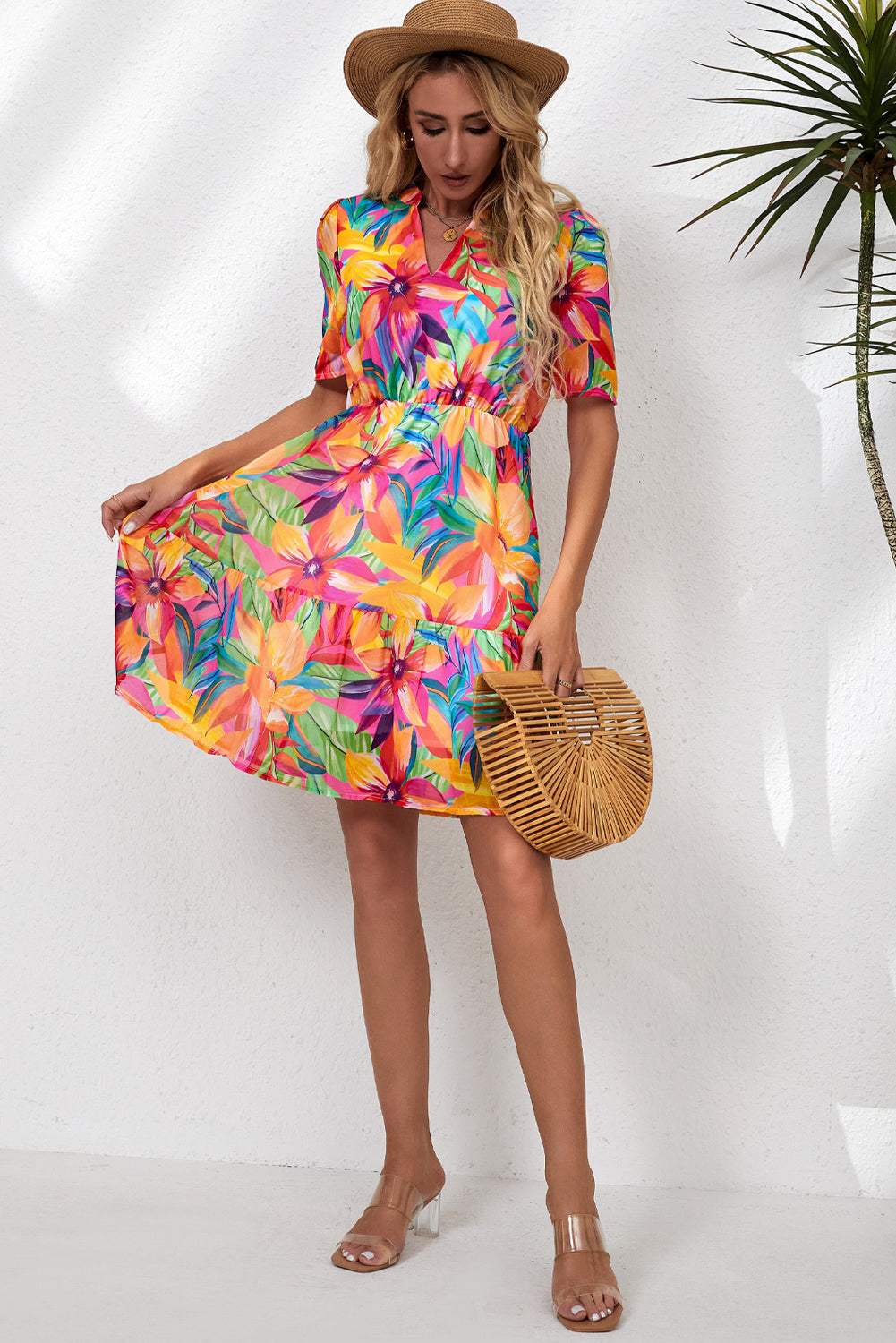 Floral Notched Neck Short Sleeve Dress Casual Dresses - Tophatter Daily Deals