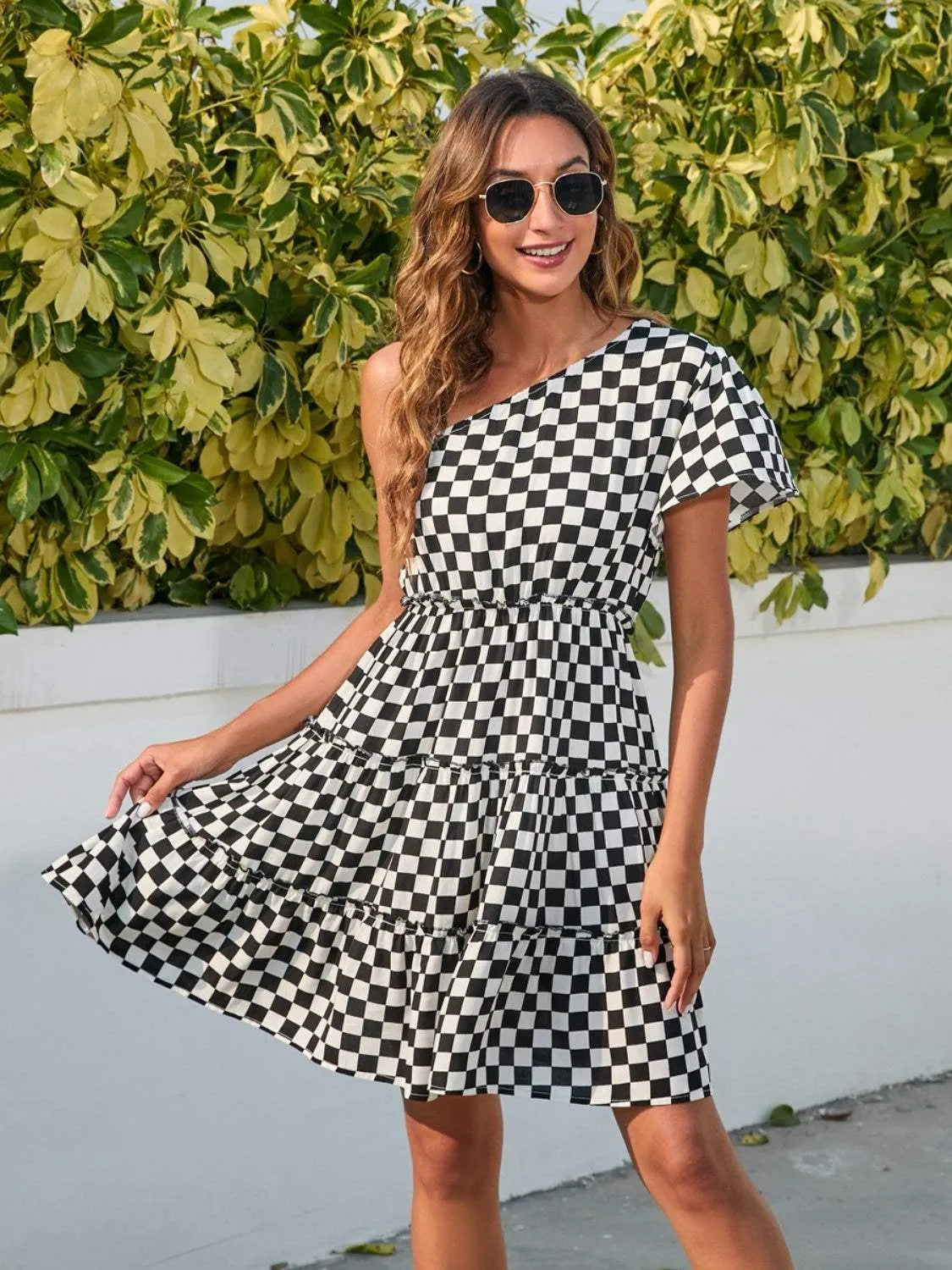 Checkered Single Shoulder Mini Dress Casual Dresses - Tophatter Daily Deals