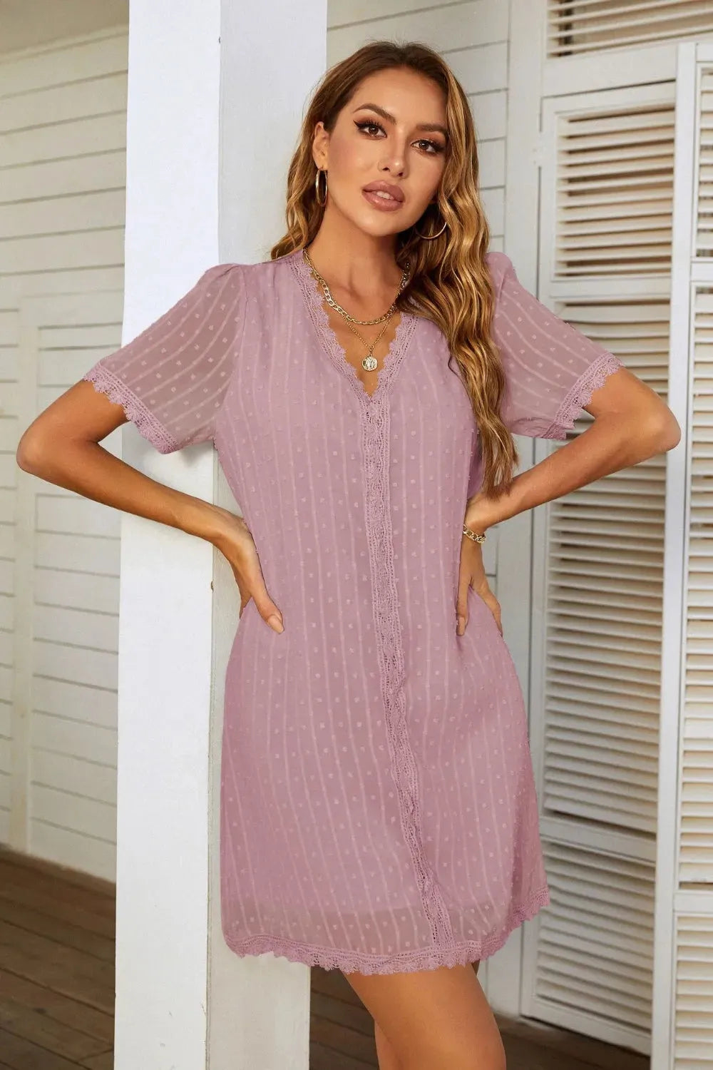 Lace Detail V-Neck Short Sleeve Dress Blush Pink Casual Dresses - Tophatter Daily Deals
