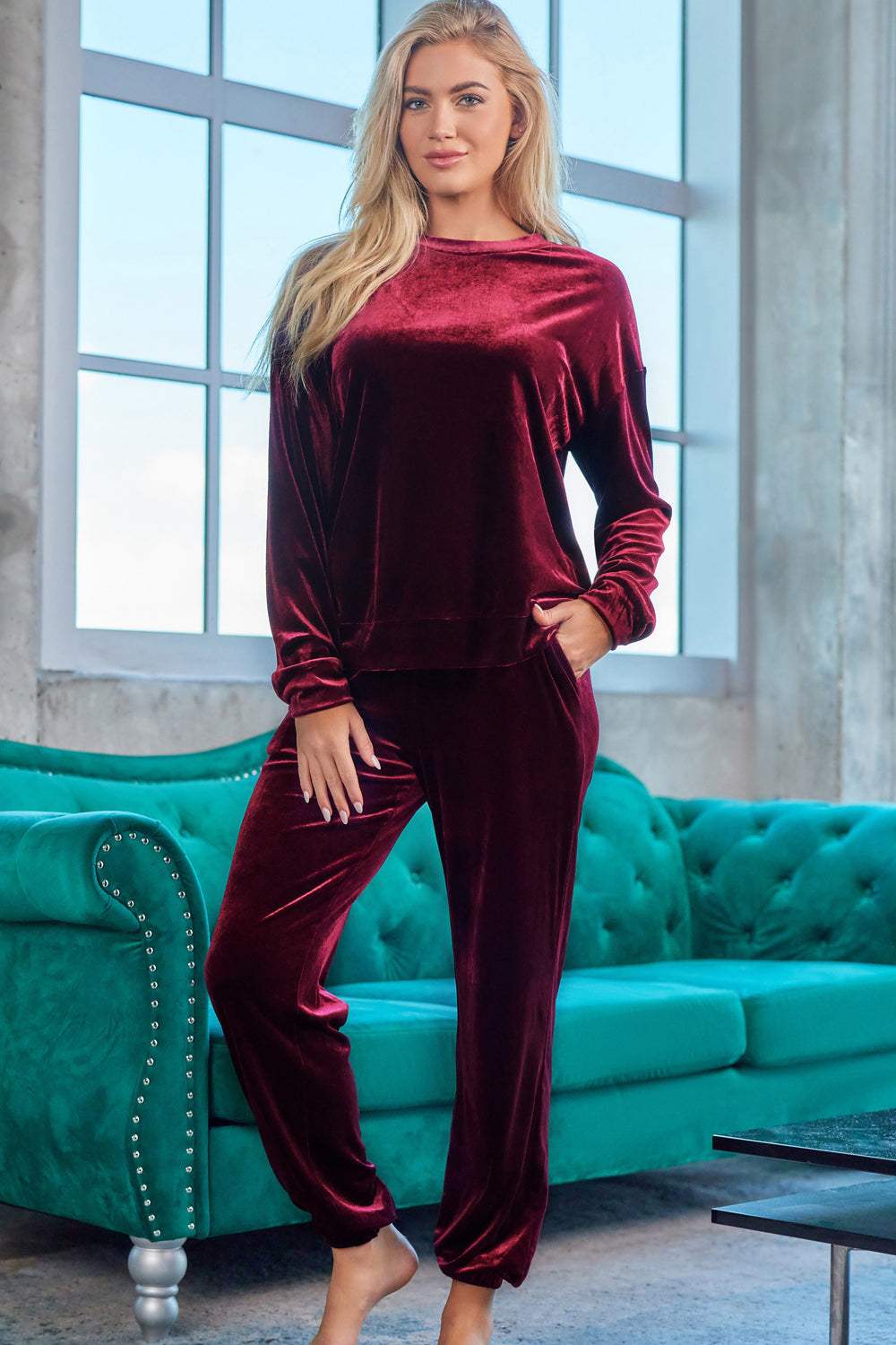 Long Sleeve Top and Pants Lounge Set Wine Loungewear Sets - Tophatter Daily Deals