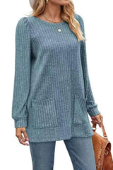 Ribbed Round Neck Long Sleeve T-Shirt Air Force Blue Women's T-Shirts - Tophatter Daily Deals
