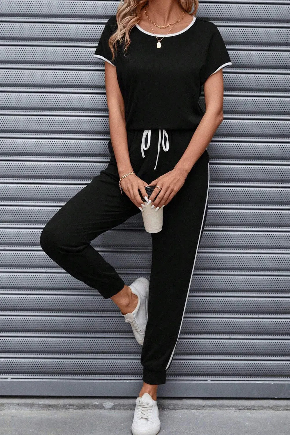 Black Colorblock Trim Casual Two Piece Lounge Set Loungewear & Sleepwear/Loungewear - Tophatter Daily Deals
