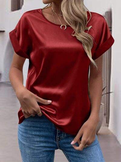 Round Neck Short Sleeve T-Shirt Wine Women's T-Shirts - Tophatter Daily Deals