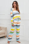 Striped Round Neck Long Sleeve Top and Drawstring Pants Lounge Set Loungewear Sets - Tophatter Daily Deals