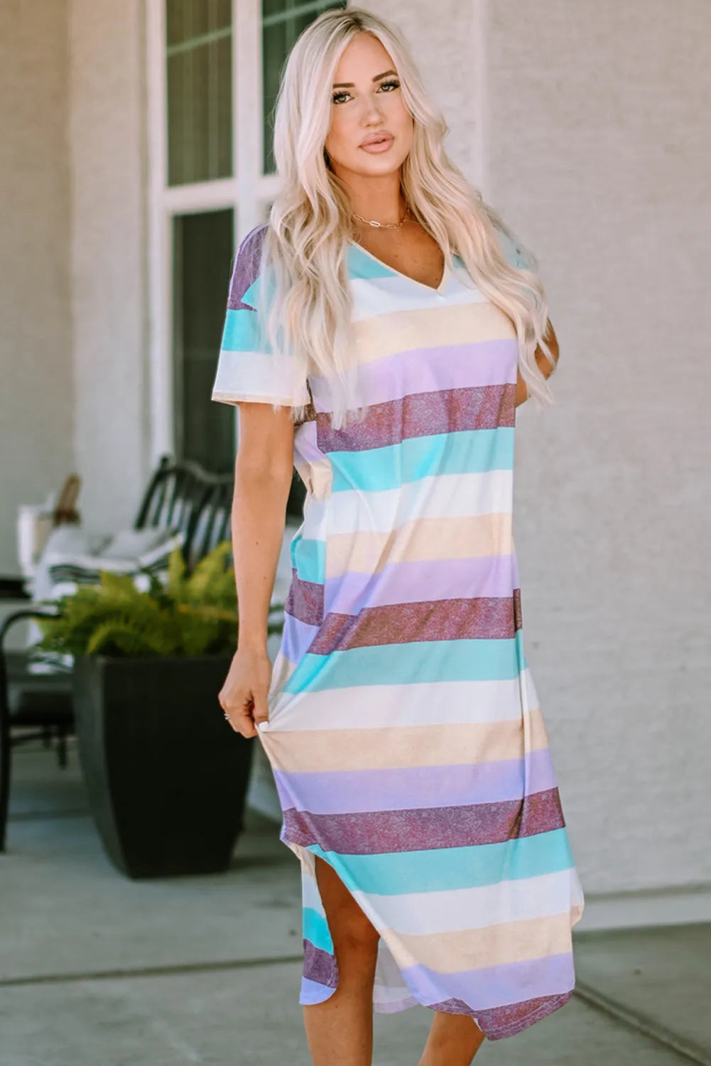 Striped V-Neck Curved Hem Midi Dress Casual Dresses - Tophatter Daily Deals