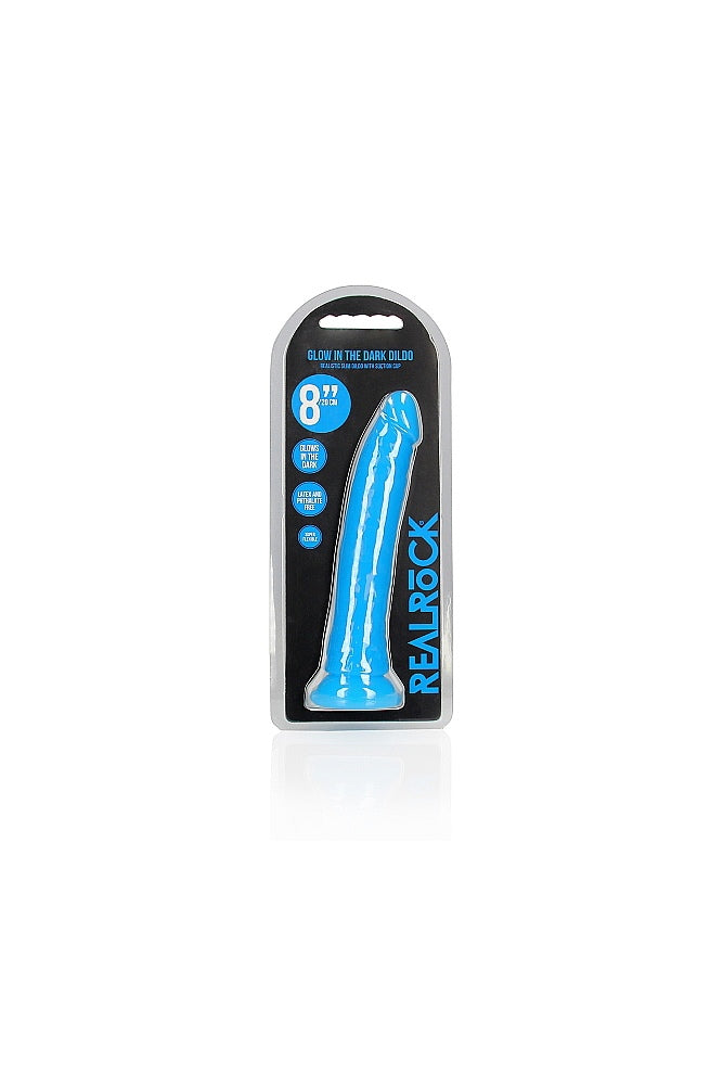 Shots Toys - RealRock - 8" Glow in the Dark Slim Realistic Dildo with Suction Cup - Blue Sex Toy - Tophatter Daily Deals
