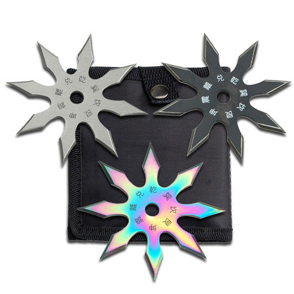 Throwing Star Set 4" 8 Point Perfect Point Black Silver Rainbow 3 Pack Knife-Star - Tophatter Daily Deals