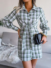 Tied Plaid Long Sleeve Mini Shirt Dress Casual Dresses - Tophatter Daily Deals