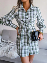 Tied Plaid Long Sleeve Mini Shirt Dress Casual Dresses - Tophatter Daily Deals