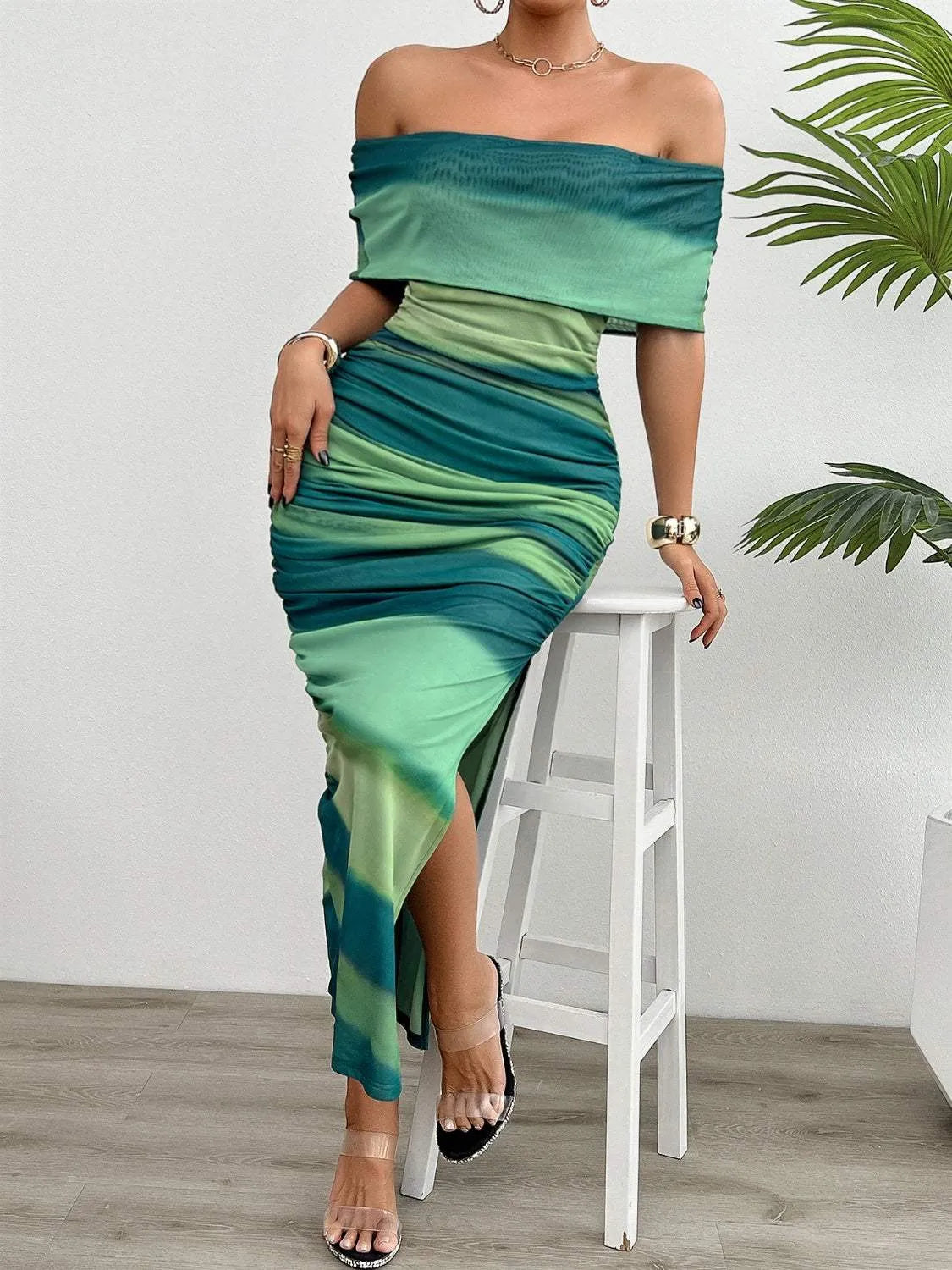 Split Color Block Off-Shoulder Dress Dark Green Casual Dresses - Tophatter Daily Deals