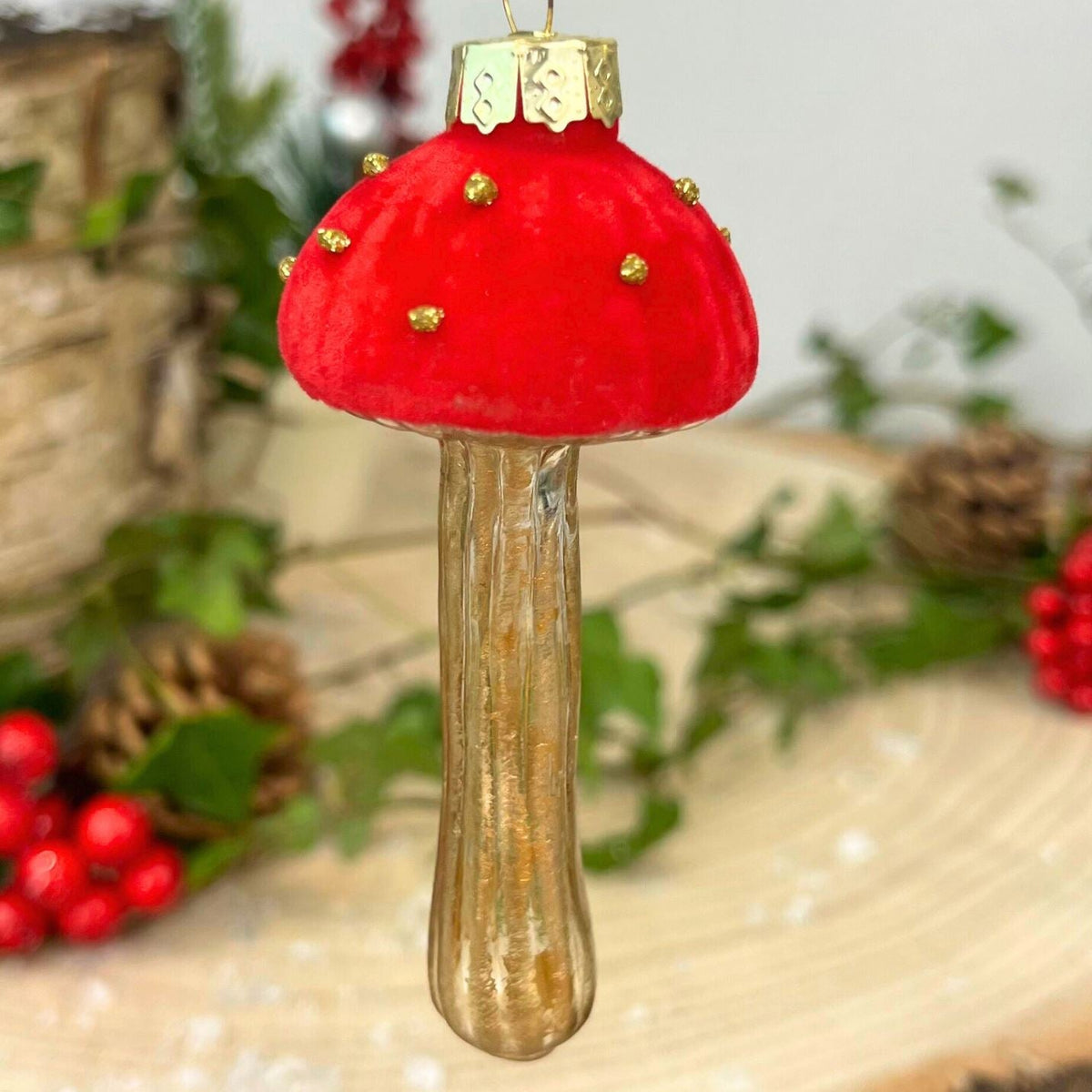 Red & Gold Toadstool Christmas Bauble | Glass Mushroom Tree Ornament - 9cm Baubles - Tophatter Daily Deals