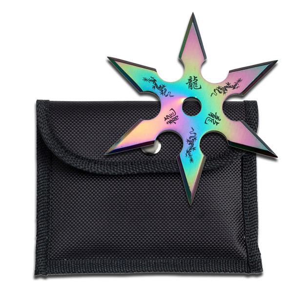 Rainbow Stainless Steel 6 Point "Dragon" Throwing Star W/ Pouch - 4MM Thick - Tophatter's Guns'N'Weapons Store - FREE SHIPPING Collectible Weapons - Tophatter Daily Deals