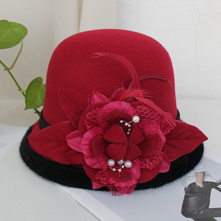 Black Brim Woolen British Feather Flower Top Hat Wine Red Adjustable 0 - Tophatter Daily Deals