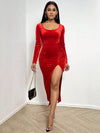 Slit Scoop Neck Long Sleeve Midi Dress Deep Red Cocktail Dresses - Tophatter Daily Deals