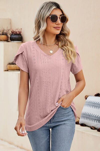 Eyelet V-Neck Petal Sleeve T-Shirt Pale Blush Women's T-Shirts - Tophatter Daily Deals