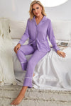 Contrast Lapel Collar Shirt and Pants Pajama Set with Pockets Loungewear Sets - Tophatter Daily Deals