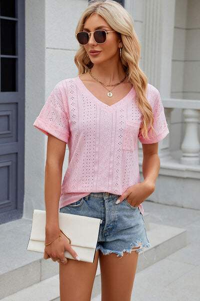 Eyelet V-Neck Short Sleeve T-Shirt Blush Pink Women's T-Shirts - Tophatter Daily Deals