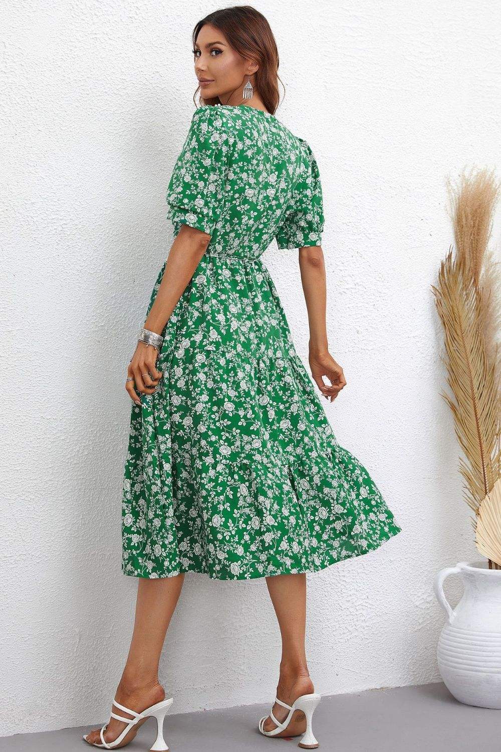 Floral Tie Waist Puff Sleeve Midi Dress Casual Dresses - Tophatter Daily Deals