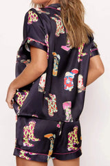 Printed Button Up Short Sleeve Top and Shorts Lounge Set Loungewear Sets - Tophatter Daily Deals