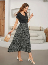 Printed Round Neck Short Sleeve Midi Dress Casual Dresses - Tophatter Daily Deals