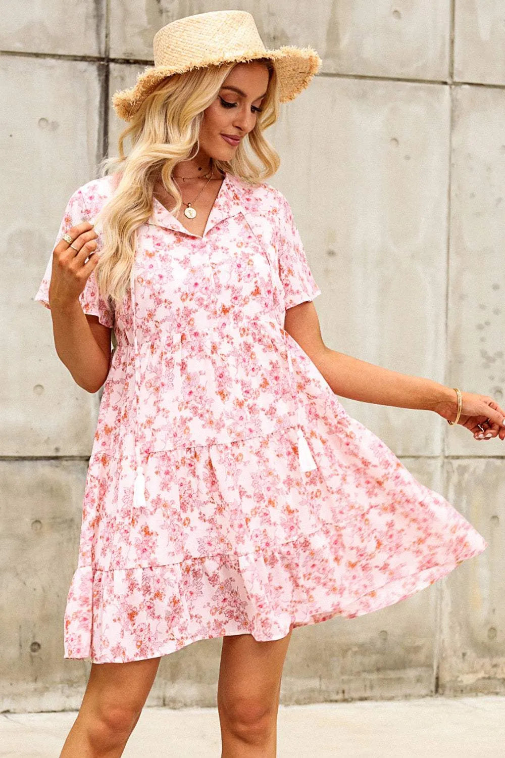 Tie Neck Tiered Mini Dress Casual Dresses - Tophatter Daily Deals