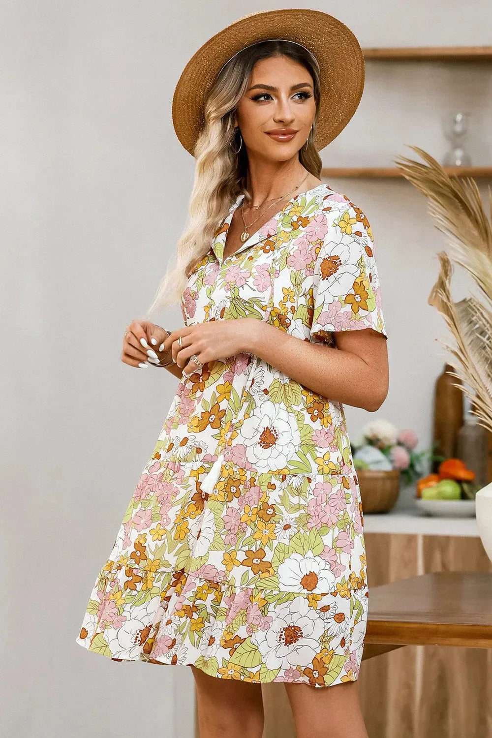 Tie Neck Tiered Mini Dress Casual Dresses - Tophatter Daily Deals