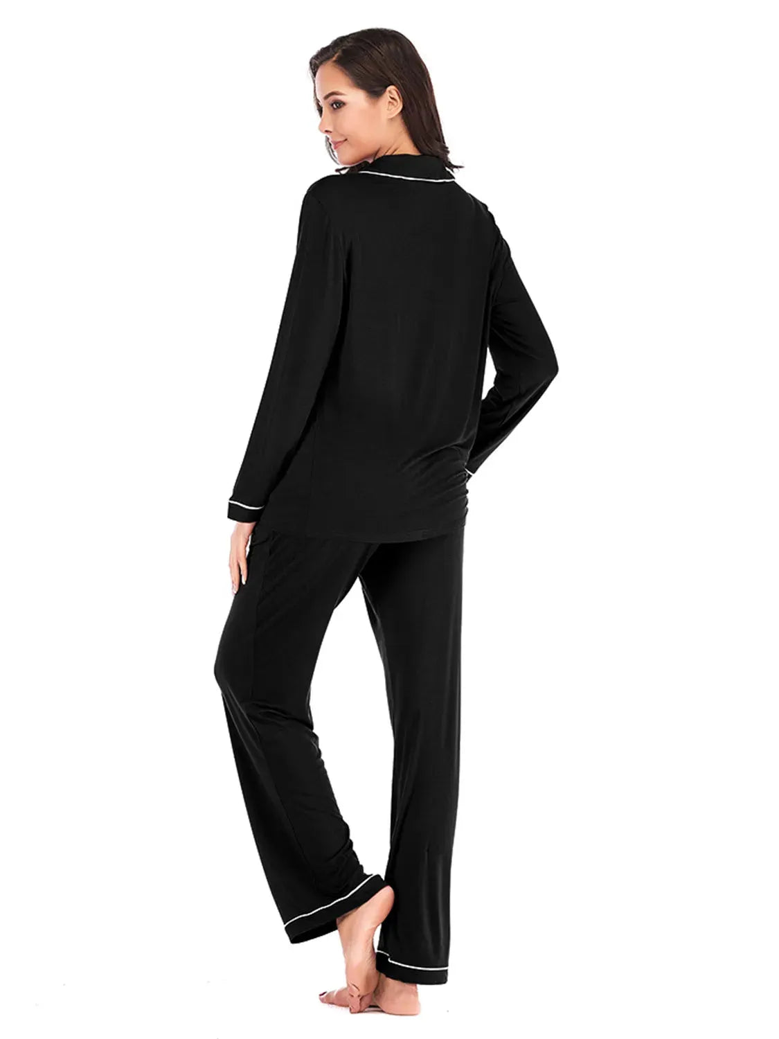 Collared Neck Long Sleeve Loungewear Set with Pockets Loungewear Sets - Tophatter Daily Deals