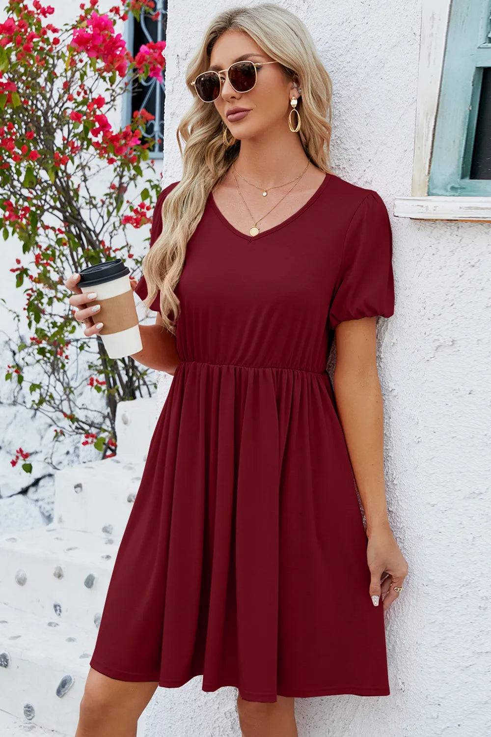 V-Neck Balloon Short Sleeve Dress Casual Dresses - Tophatter Daily Deals