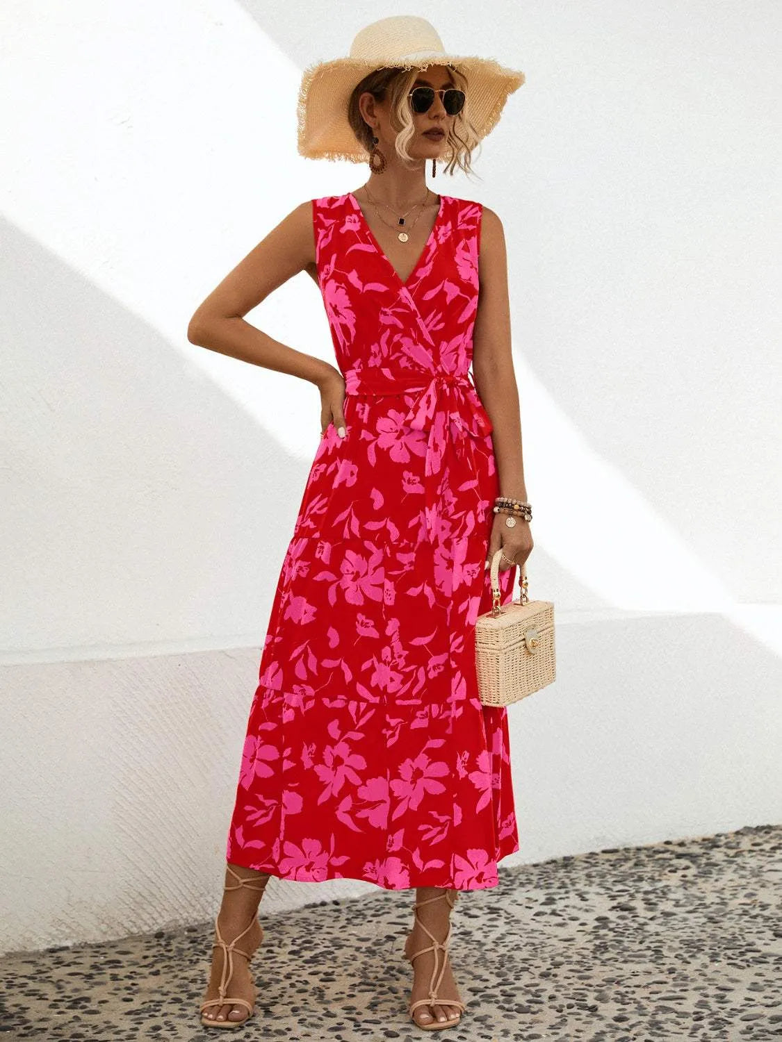 Tied Printed Surplice Tiered Dress Deep Rose Casual Dresses - Tophatter Daily Deals