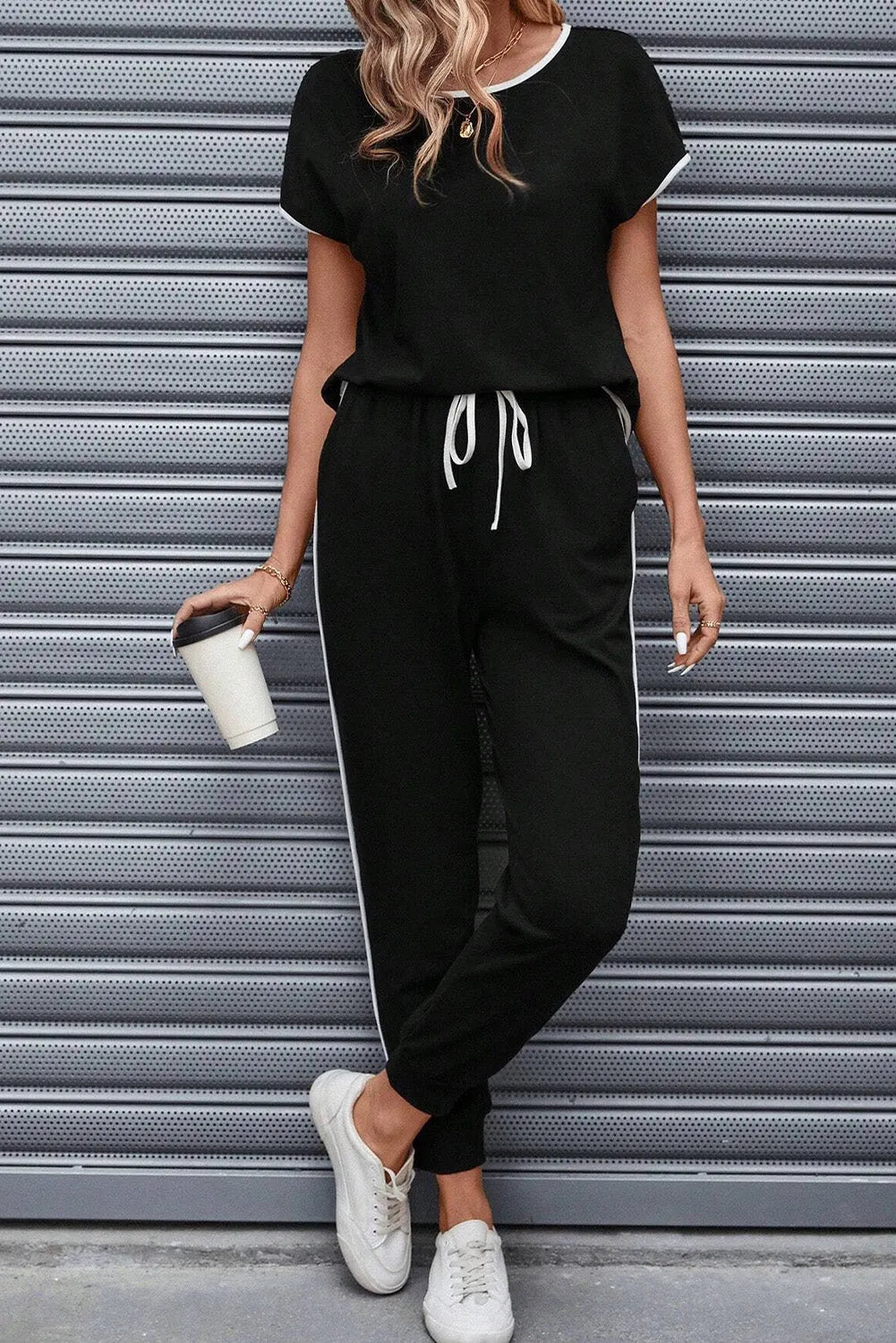 Black Colorblock Trim Casual Two Piece Lounge Set Black 95%Polyester+5%Elastane Loungewear & Sleepwear/Loungewear - Tophatter Daily Deals