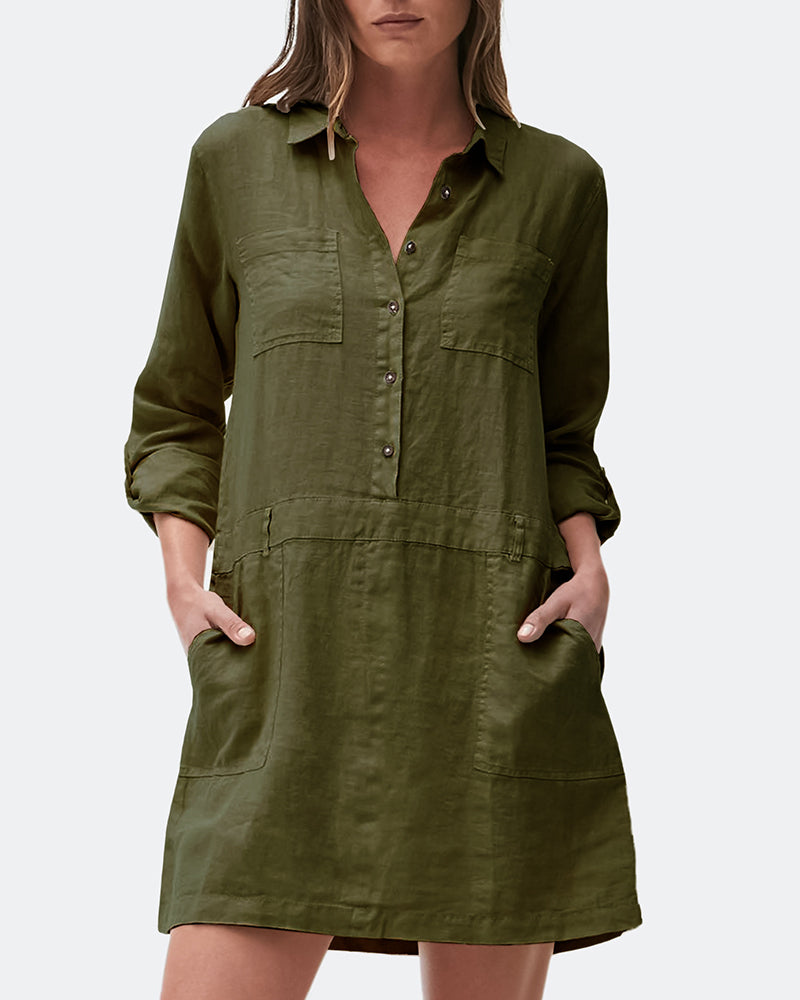 Cotton Linen Midi Dress Army Green Midi Dresses - Tophatter Daily Deals