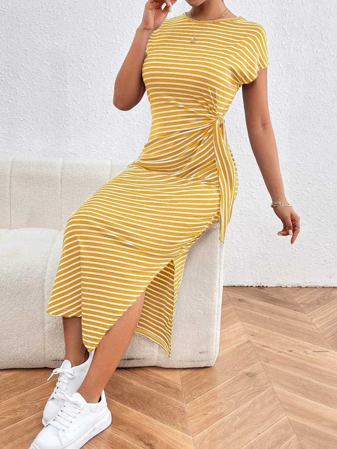 Tied Striped Round Neck Short Sleeve Tee Dress Yellow Casual Dresses - Tophatter Daily Deals