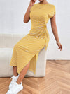 Tied Striped Round Neck Short Sleeve Tee Dress Yellow Casual Dresses - Tophatter Daily Deals