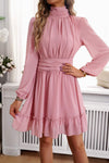 Frill Ruched Mock Neck Balloon Sleeve Dress Blush Pink Casual Dresses - Tophatter Daily Deals