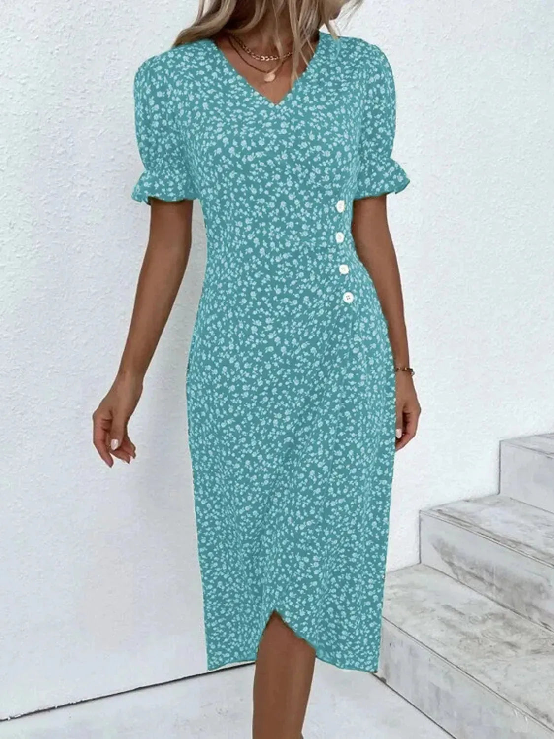 Full Size Printed Surplice Flounce Sleeve Midi Dress Aqua Casual Dresses - Tophatter Daily Deals