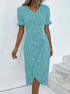 Full Size Printed Surplice Flounce Sleeve Midi Dress Aqua Casual Dresses - Tophatter Daily Deals