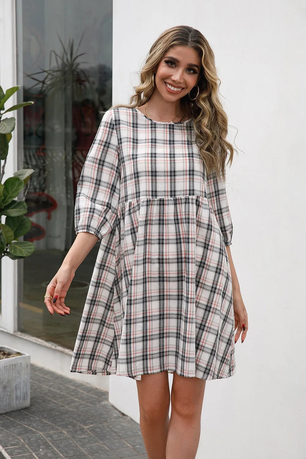 Ivy Lane Plaid Round Neck Mini Dress Black Casual Dresses - Tophatter Daily Deals