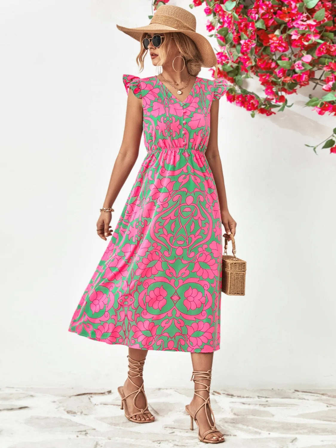 Printed V-Neck Cap Sleeve Dress Casual Dresses - Tophatter Daily Deals