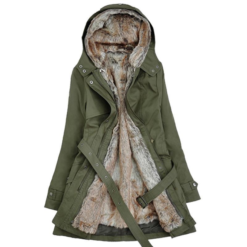 Warm Women's Winter Coat - Tailored Mid Thigh, Hooded Olive green - Tophatter Daily Deals