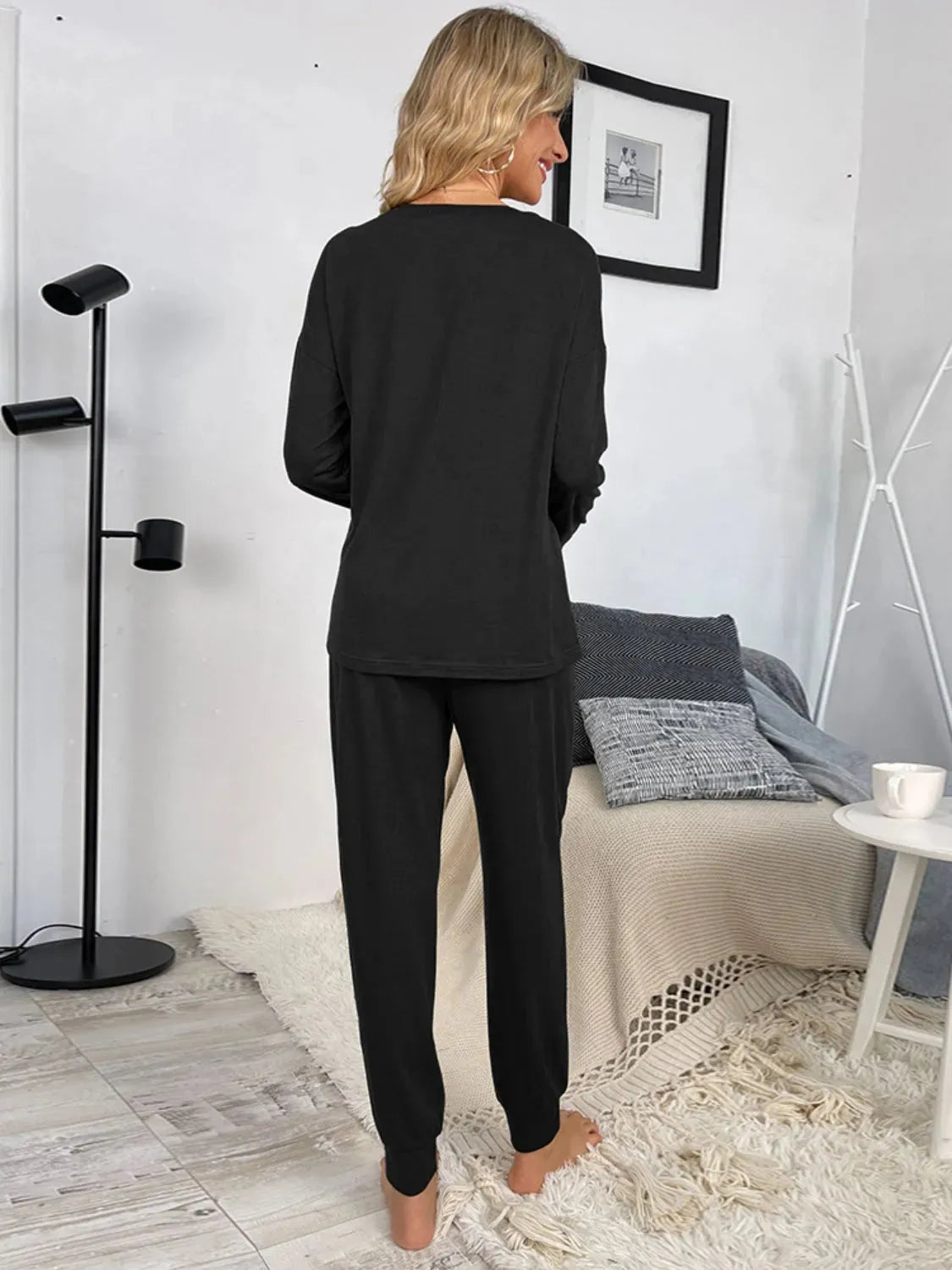 Round Neck Top and Drawstring Pants Lounge Set Loungewear Sets - Tophatter Daily Deals