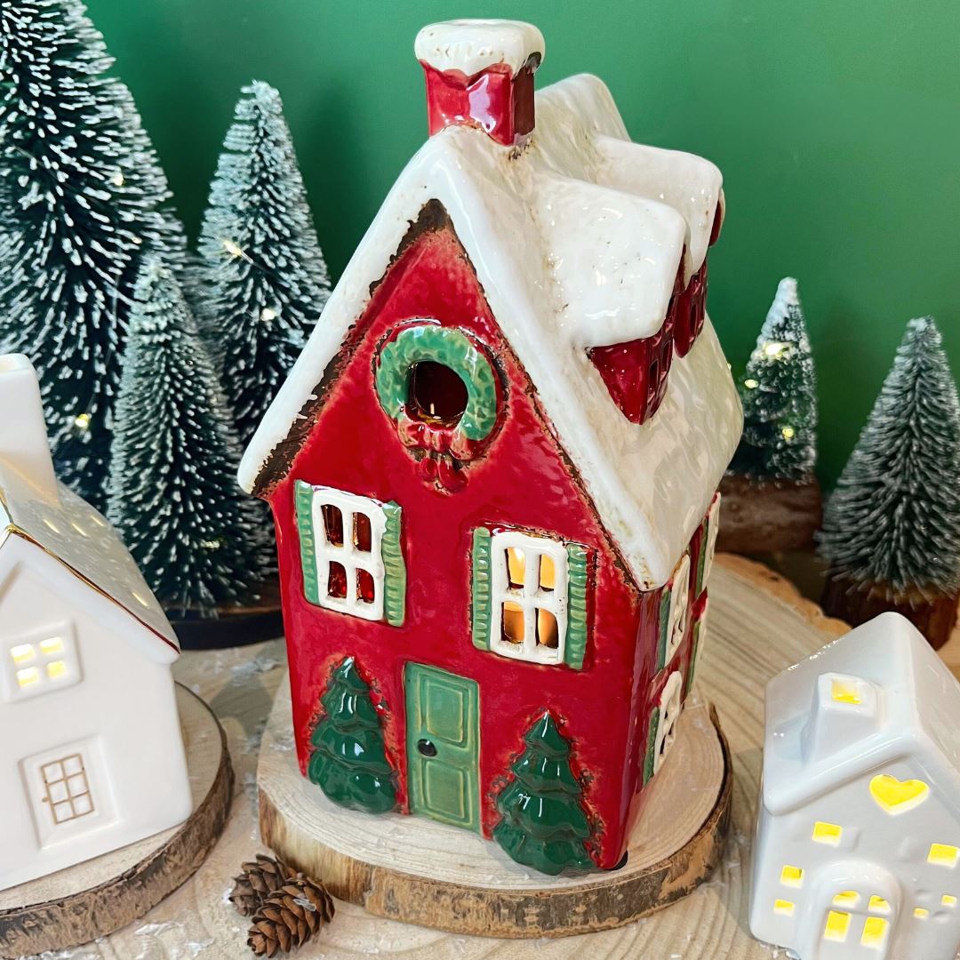 Red Ceramic Christmas House Tealight Holder | Candle Holder Cottage Ornament Candle Holder - Tophatter Daily Deals