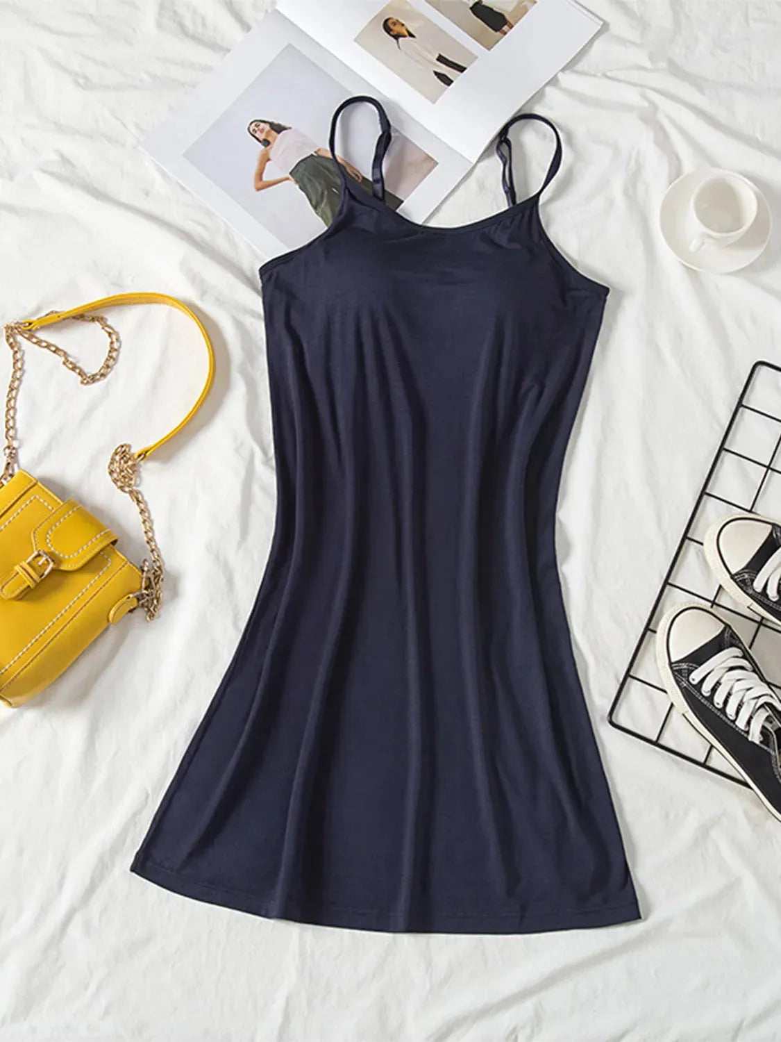 Round Neck Spaghetti Strap Cami Dress with Bra Dark Navy Casual Dresses - Tophatter Daily Deals