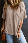 Textured V-Neck Dropped Shoulder T-Shirt Pastel Yellow Women's T-Shirts - Tophatter Daily Deals